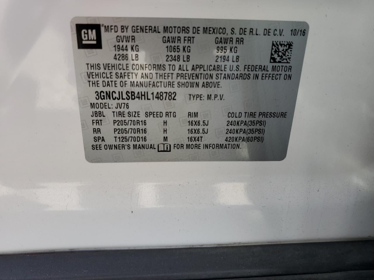 2017 Chevrolet Trax 1Lt VIN: 3GNCJLSB4HL148782 Lot: 64798104