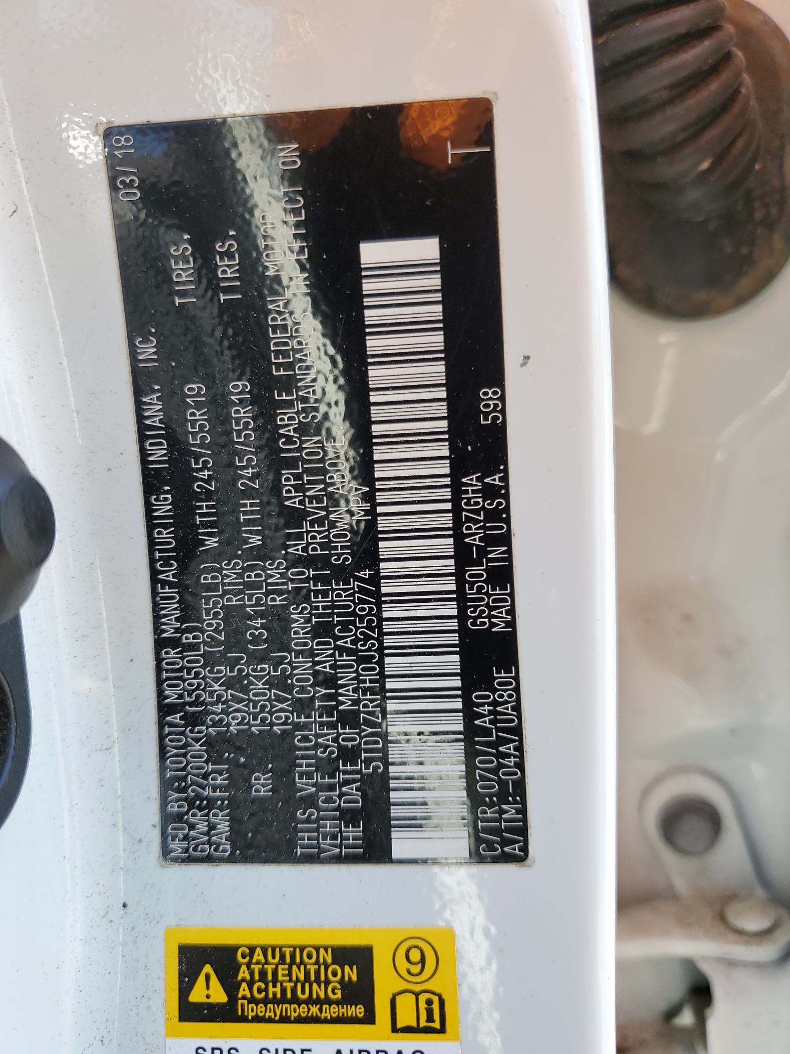 5TDYZRFH0JS259774 2018 Toyota Highlander Limited