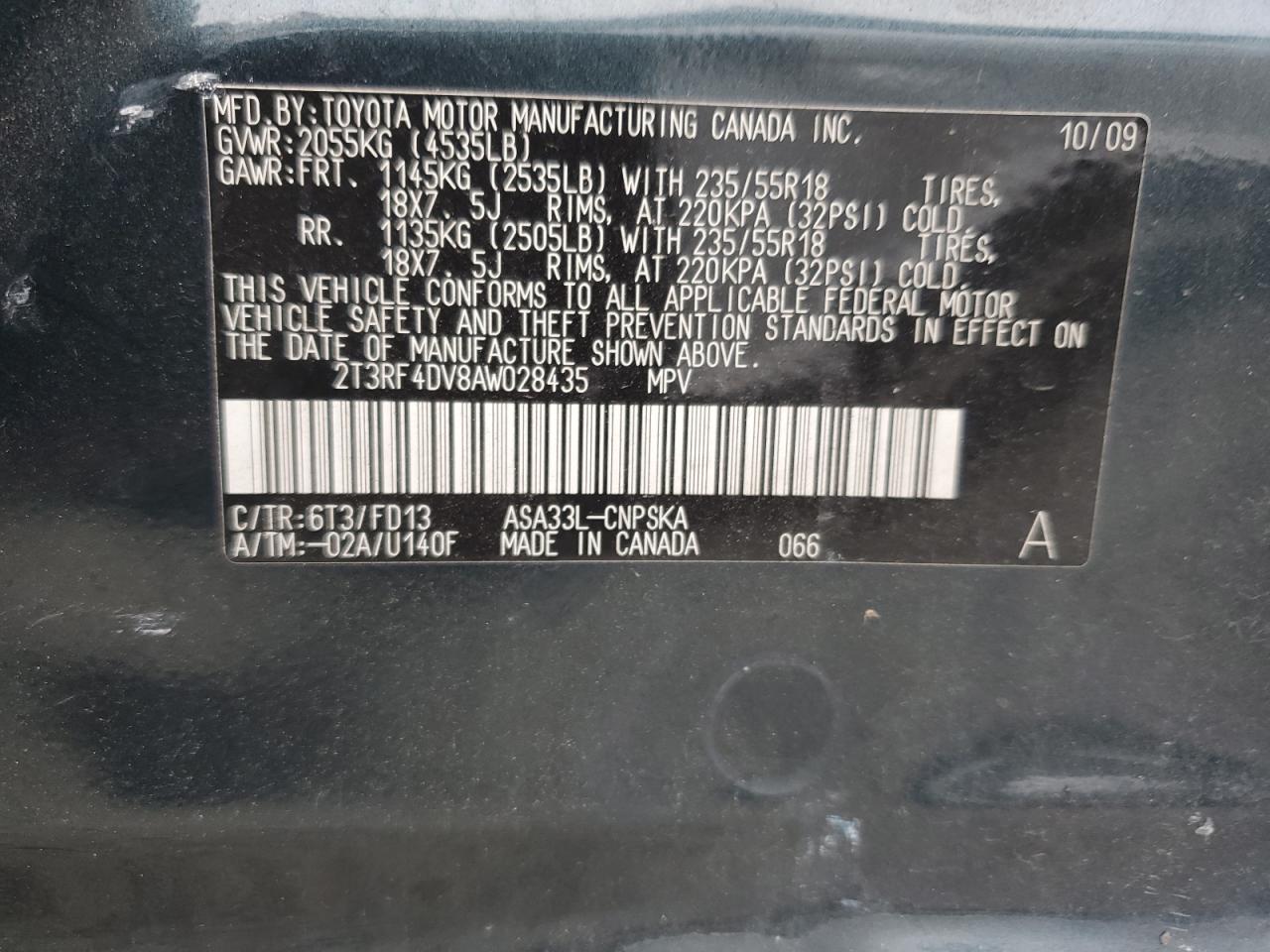 2010 Toyota Rav4 Sport VIN: 2T3RF4DV8AW028435 Lot: 64837264