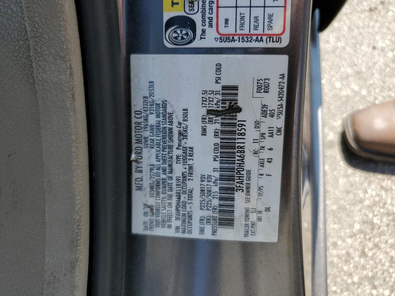 2011 Ford Fusion Se VIN: 3FAHP0HA6BR118591 Lot: 63785844