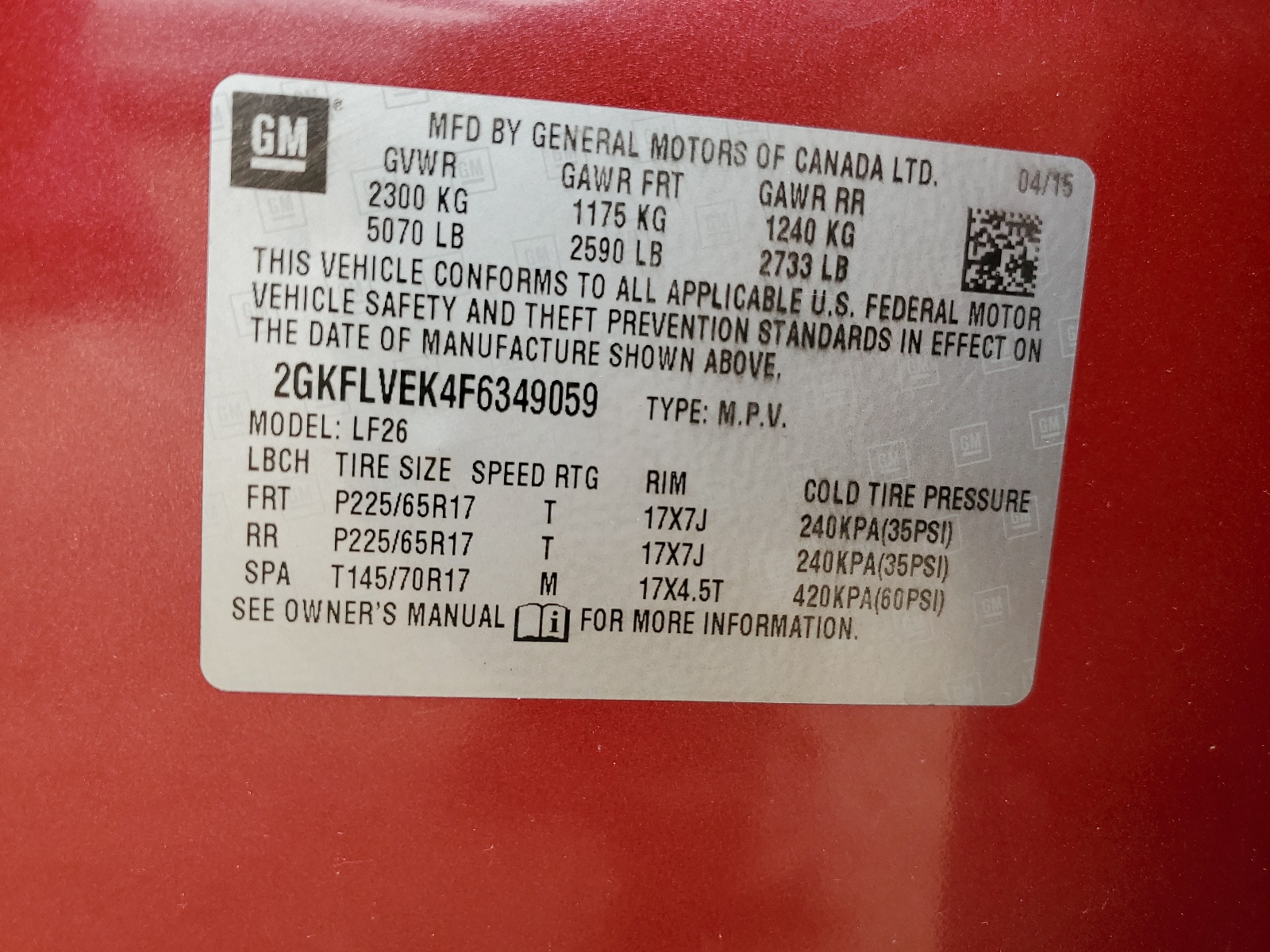 2GKFLVEK4F6349059 2015 GMC Terrain Sle