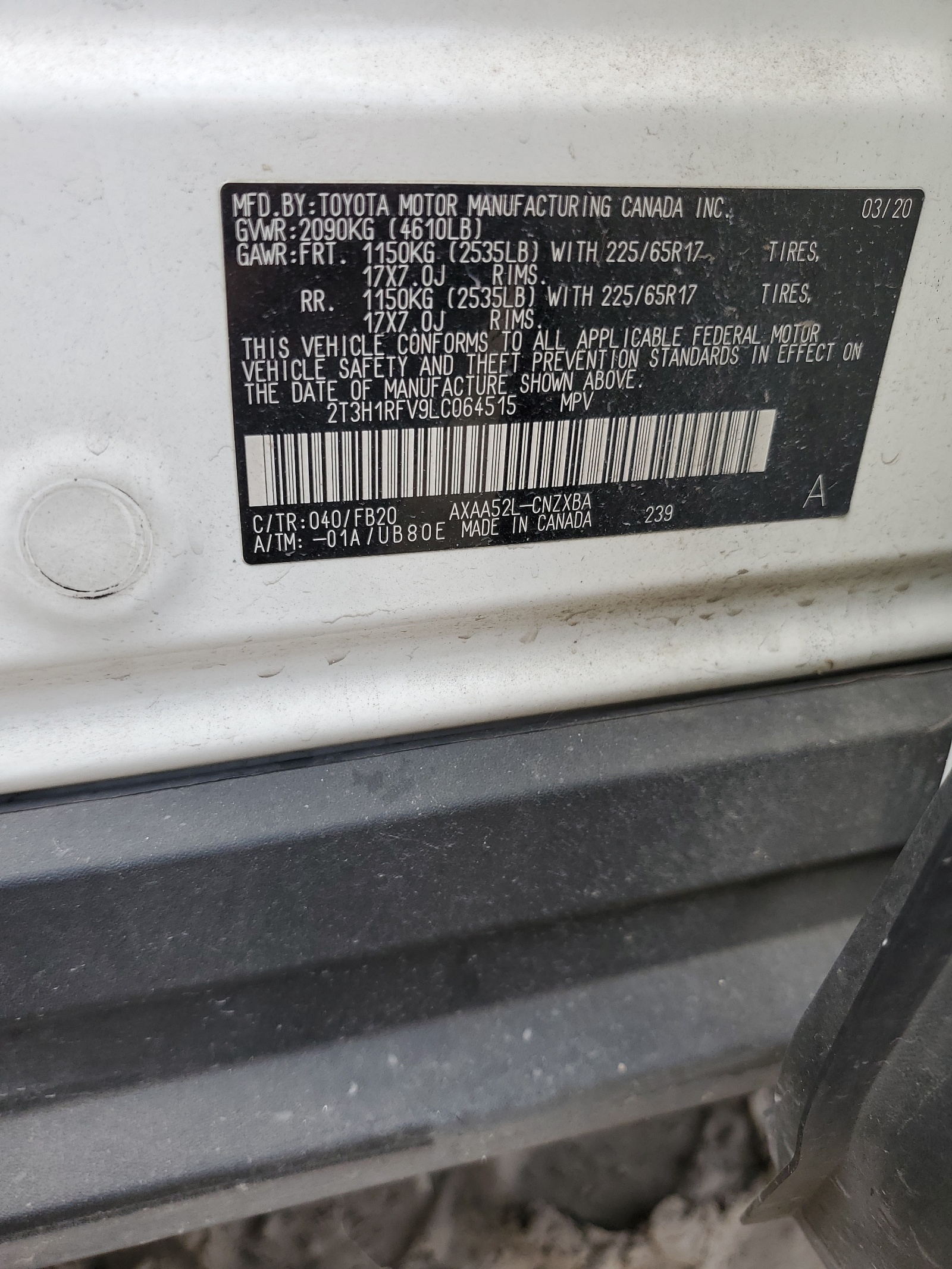 2T3H1RFV9LC064515 2020 Toyota Rav4 Le