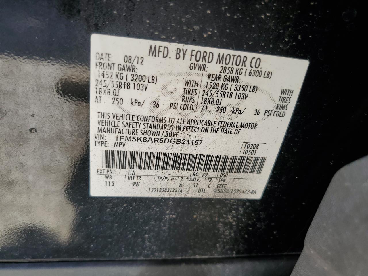 2013 Ford Explorer Police Interceptor VIN: 1FM5K8AR5DGB21157 Lot: 62564764