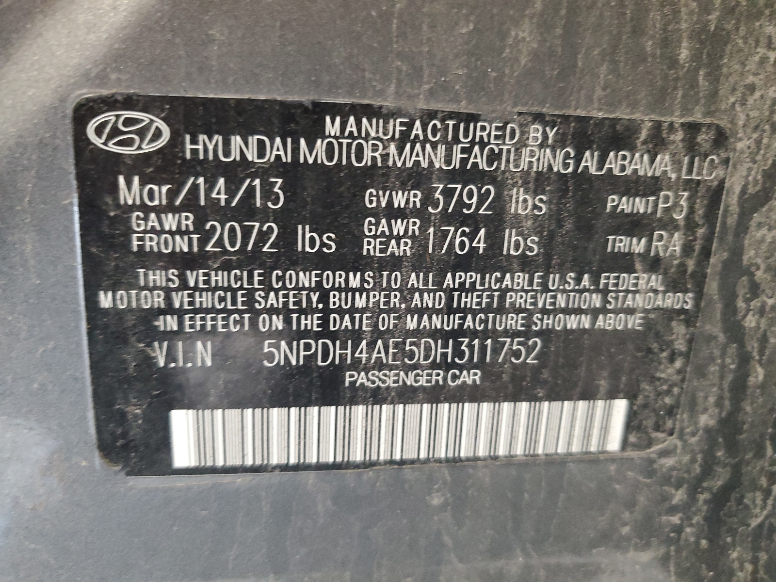 5NPDH4AE5DH311752 2013 Hyundai Elantra Gls