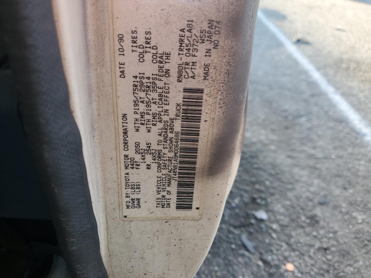 1991 Toyota Pickup 1/2 Ton Short Wheelbase VIN: JT4RN81A9M0064686 Lot: 64900514