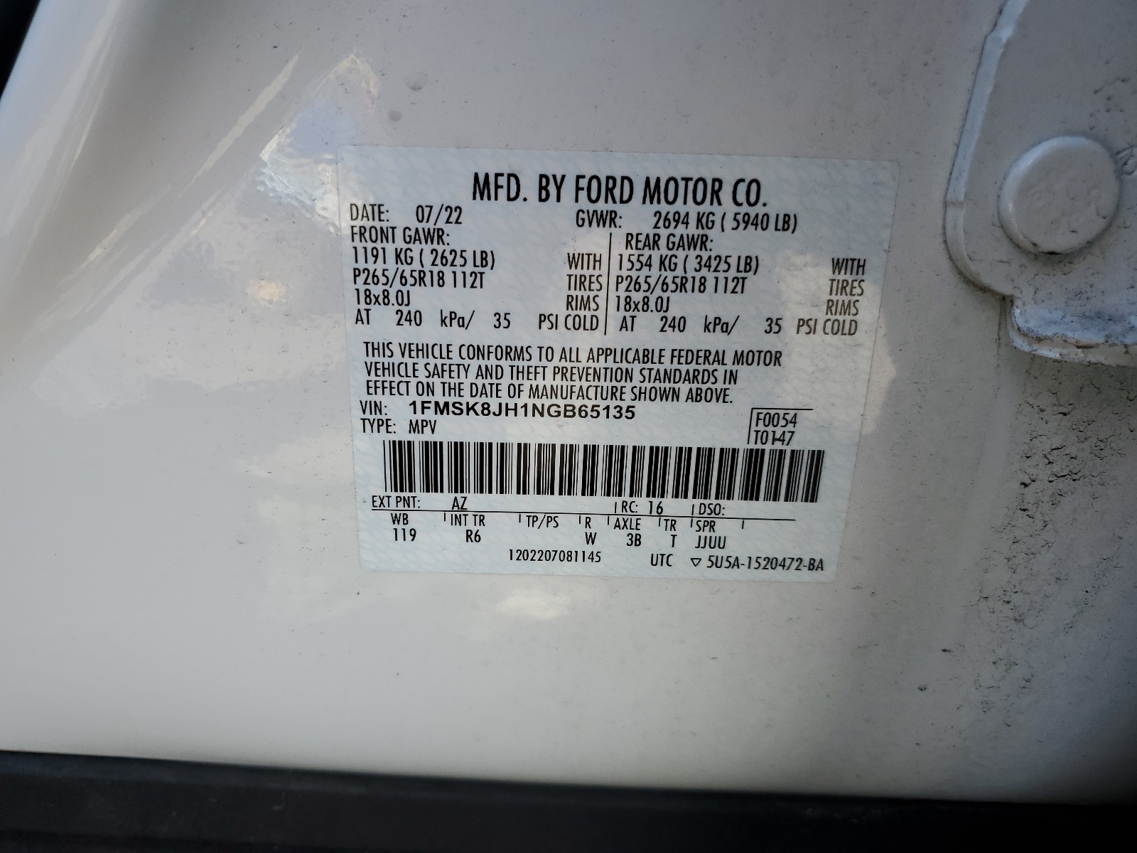 1FMSK8JH1NGB65135 2022 Ford Explorer Timberline