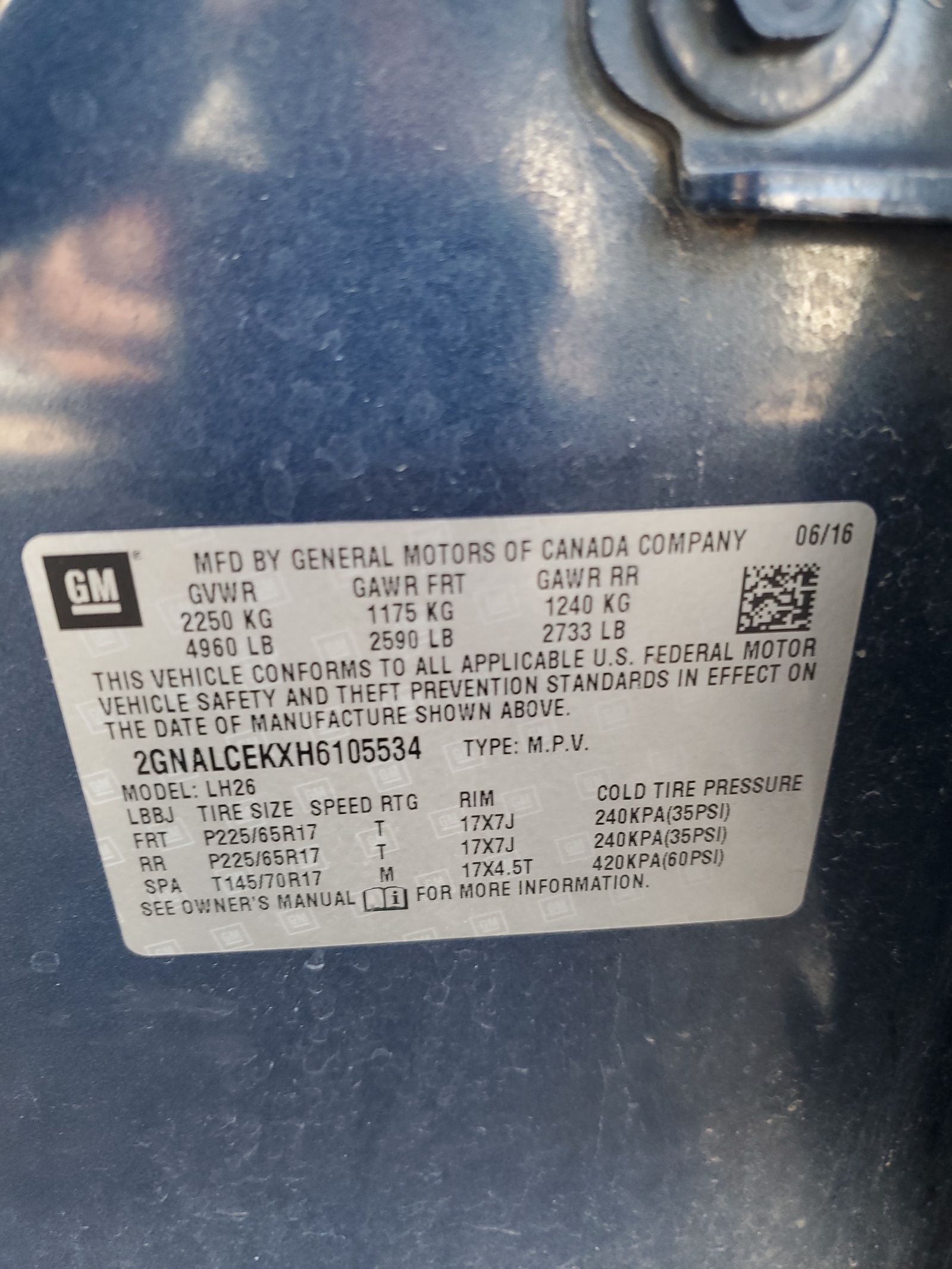 2GNALCEKXH6105534 2017 Chevrolet Equinox Lt