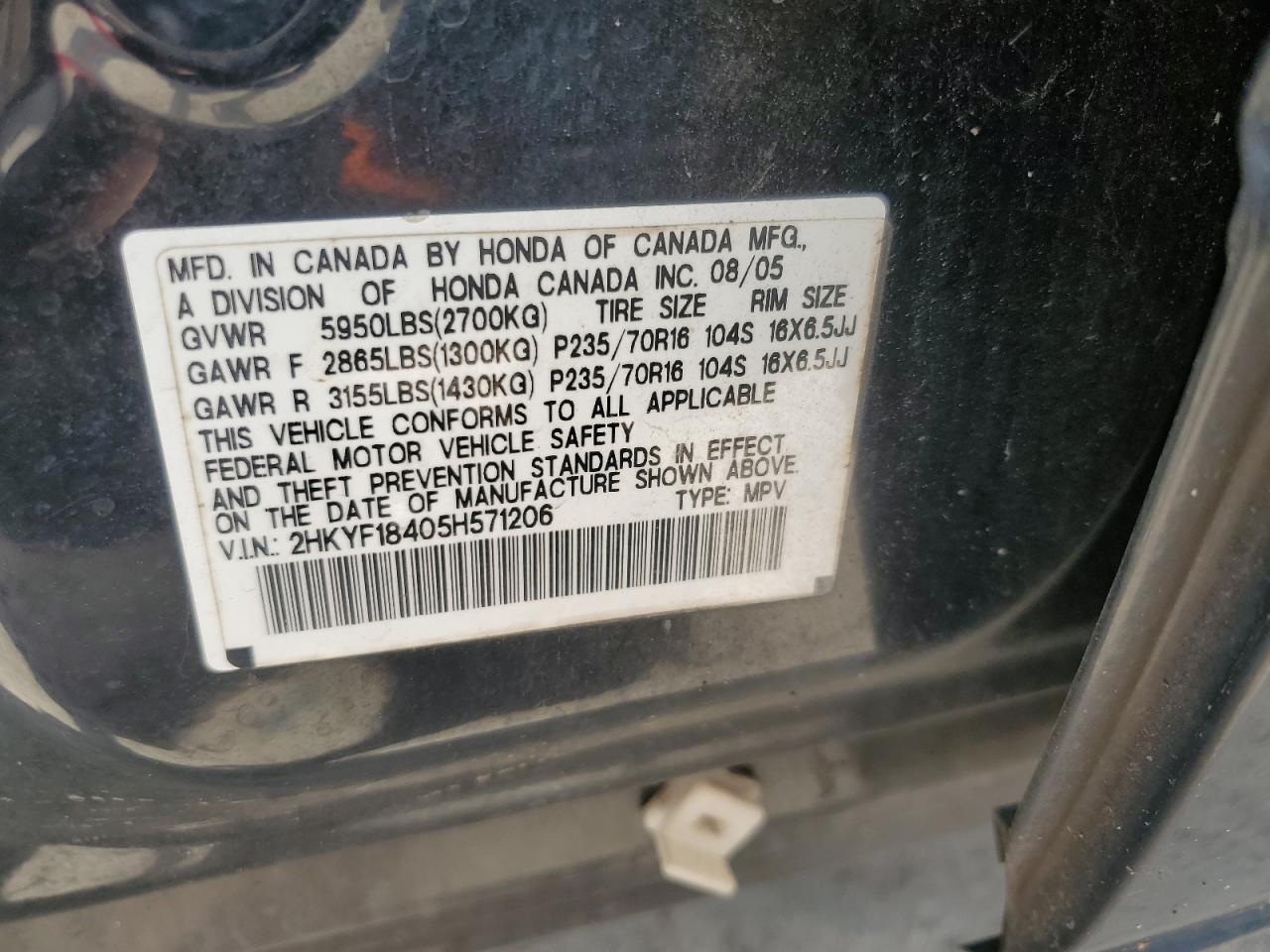 2005 Honda Pilot Ex VIN: 2HKYF18405H571206 Lot: 62548444