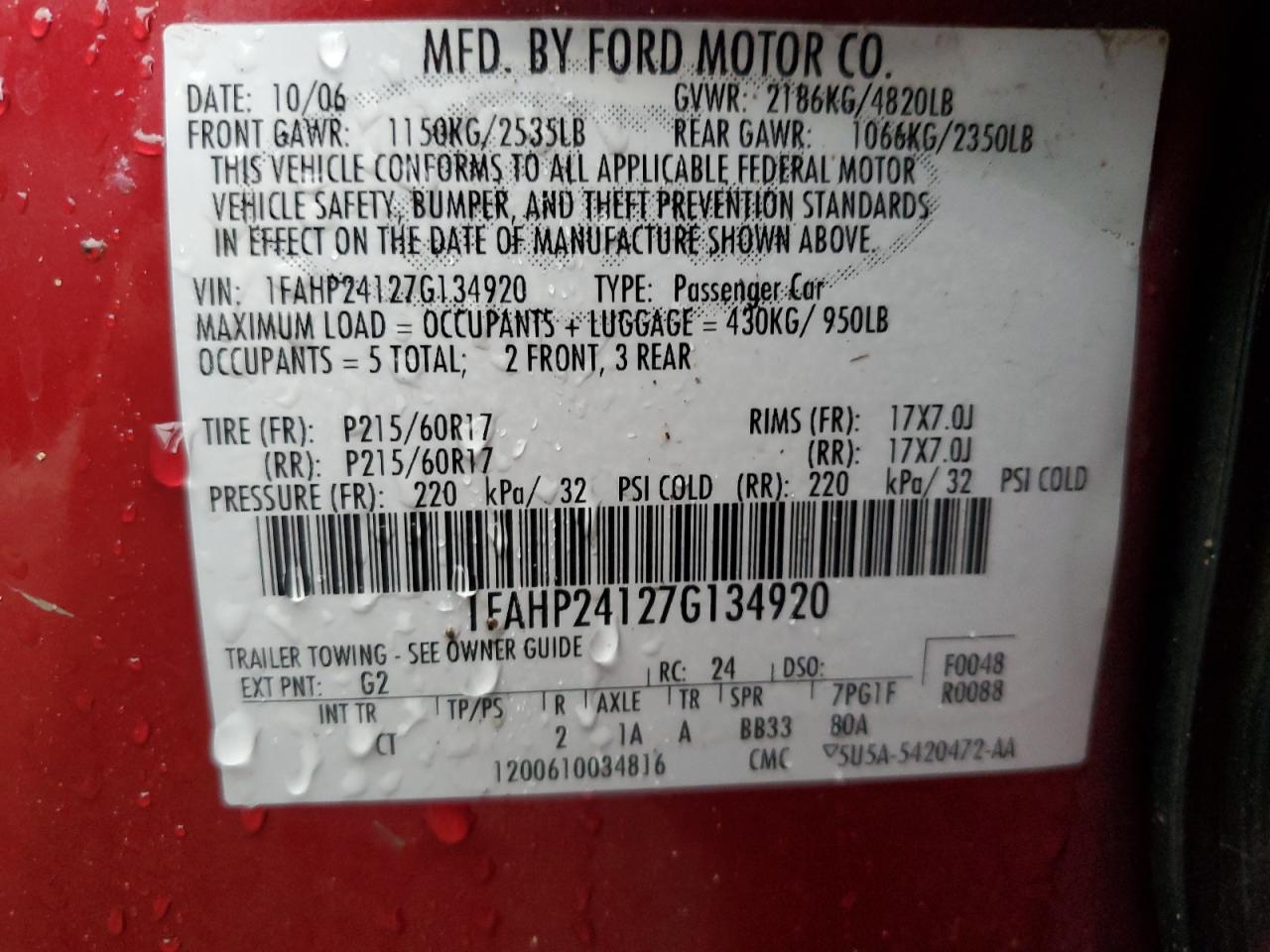 1FAHP24127G134920 2007 Ford Five Hundred Sel