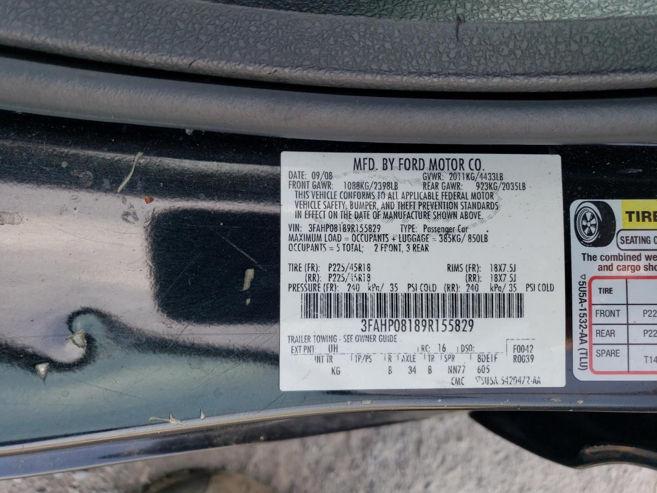 2009 Ford Fusion Sel VIN: 3FAHP08189R155829 Lot: 61485514