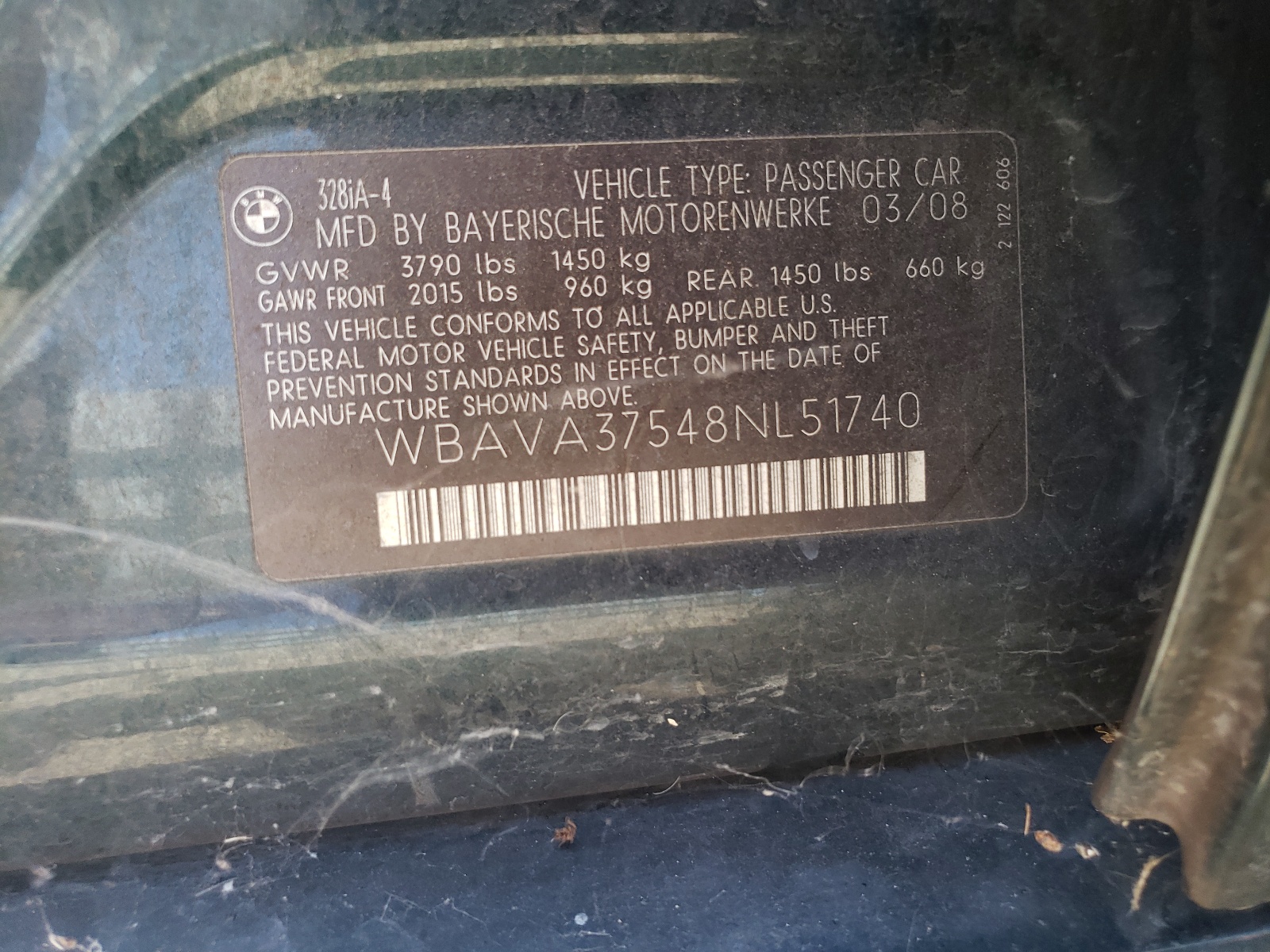 WBAVA37548NL51740 2008 BMW 328 I