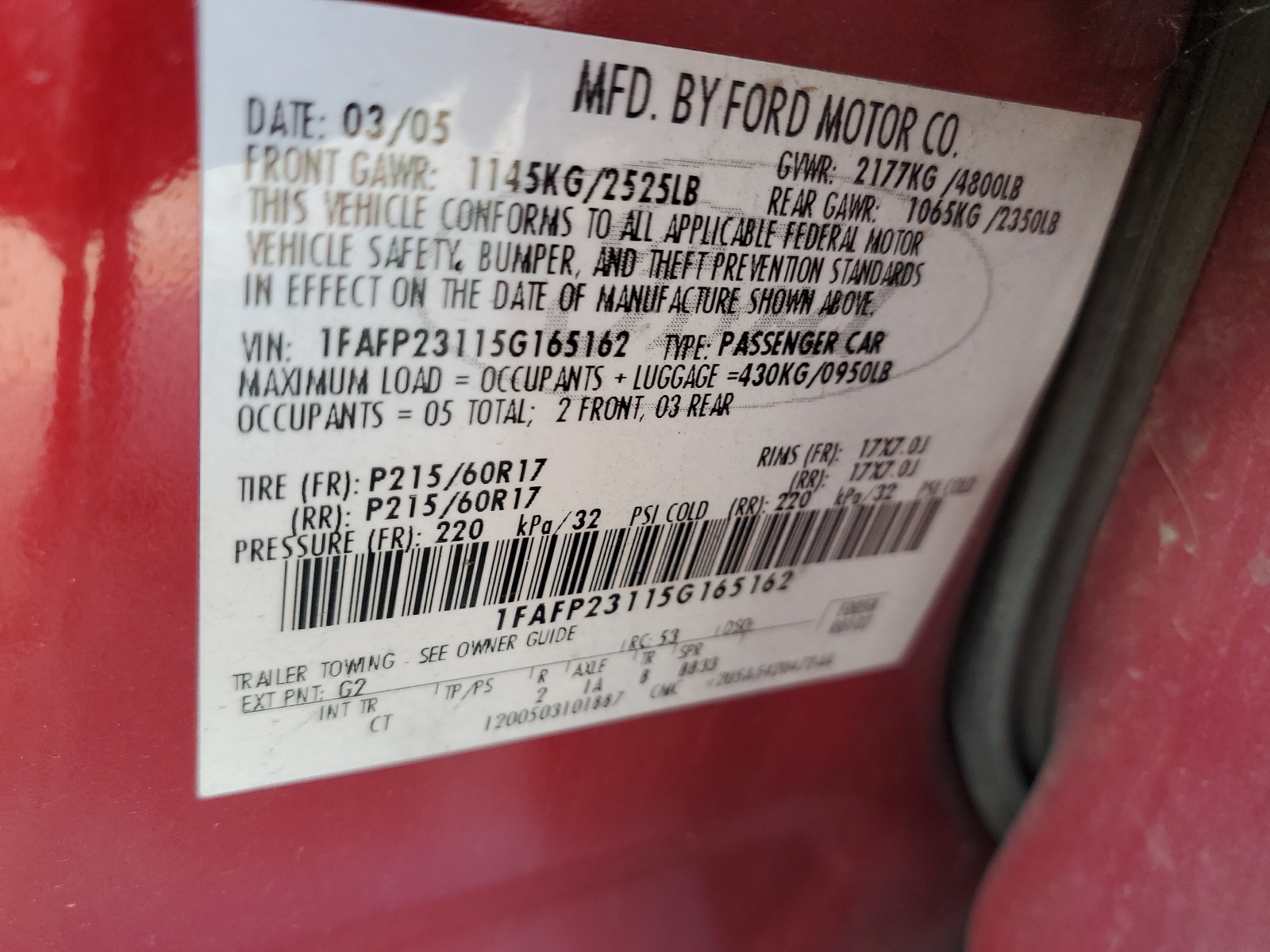 1FAFP23115G165162 2005 Ford Five Hundred Se