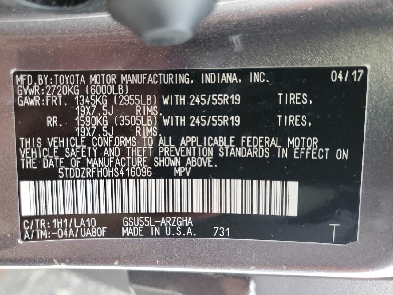 2017 Toyota Highlander Limited VIN: 5TDDZRFH0HS416096 Lot: 63110024