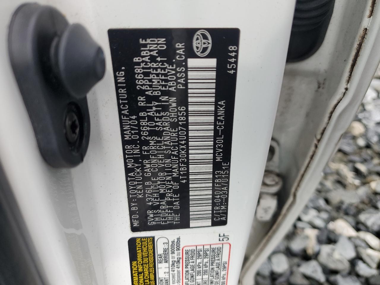 2004 Toyota Camry Le VIN: 4T1BF30KX4U071856 Lot: 64324114