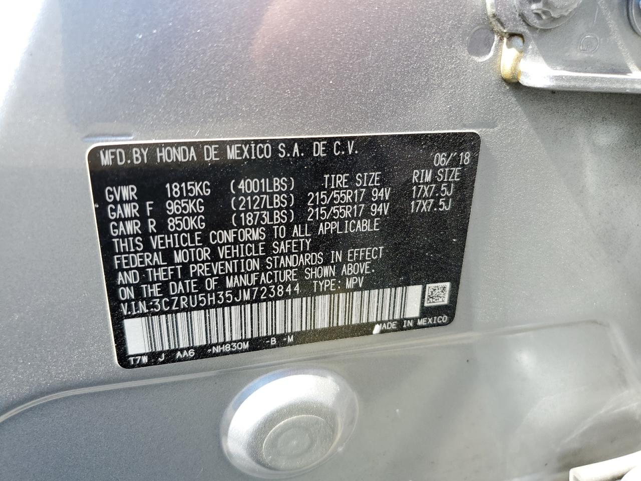 2018 Honda Hr-V Lx VIN: 3CZRU5H35JM723844 Lot: 63316944