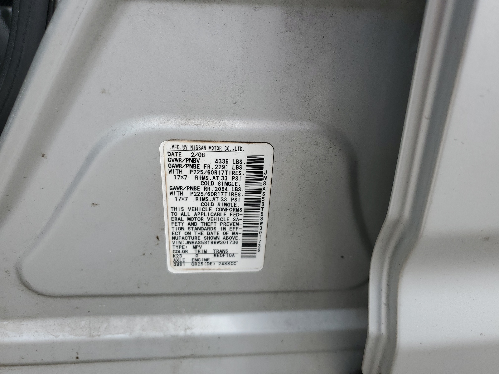 JN8AS58T88W301736 2008 Nissan Rogue S