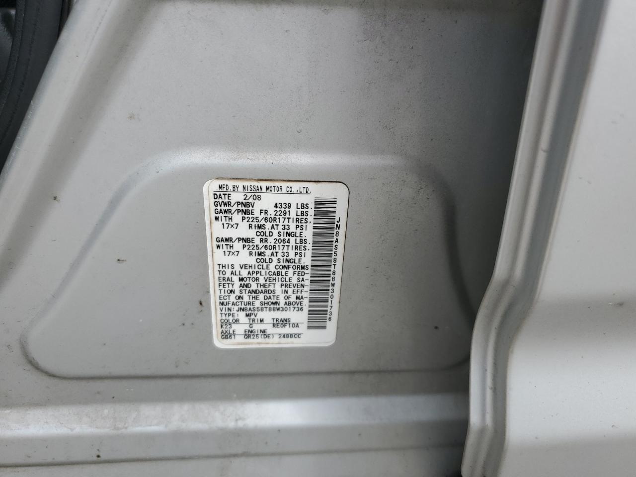 2008 Nissan Rogue S VIN: JN8AS58T88W301736 Lot: 64621114