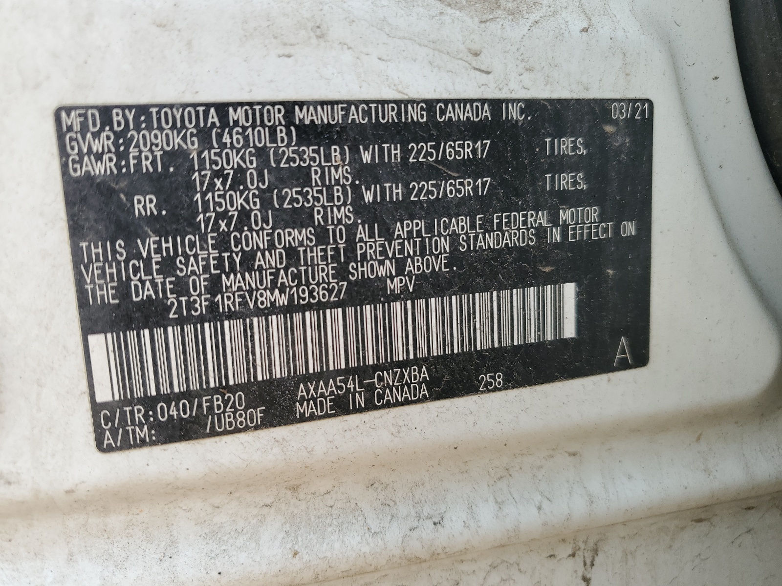 2T3F1RFV8MW193627 2021 Toyota Rav4 Le