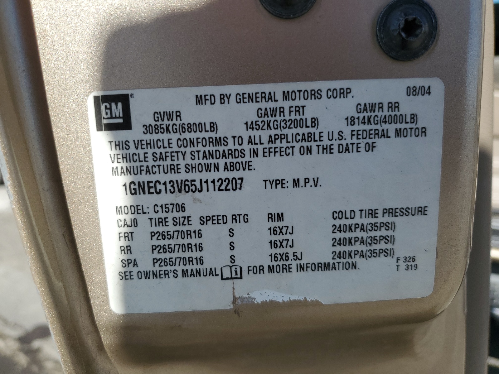 1GNEC13V65J112207 2005 Chevrolet Tahoe C1500