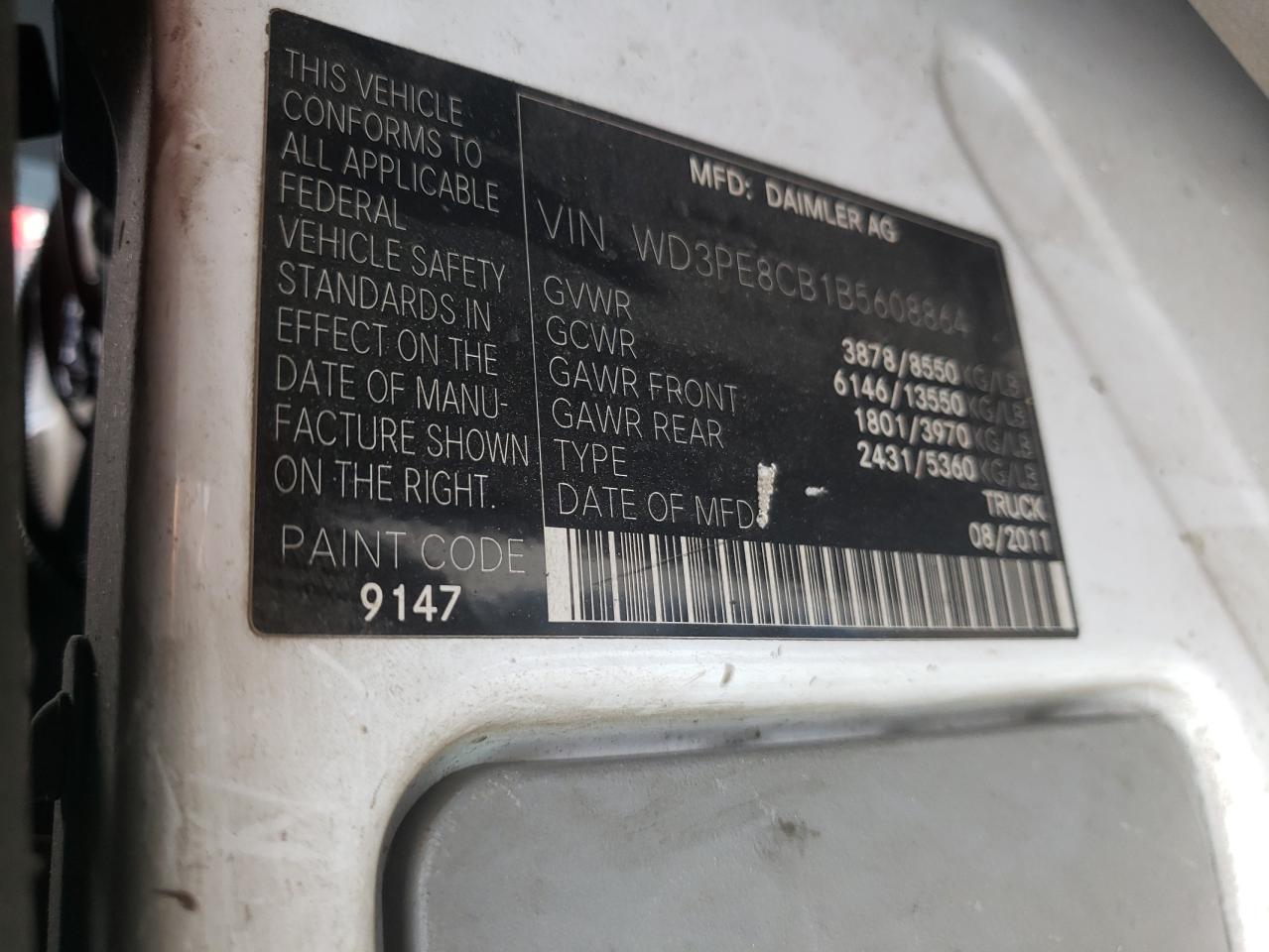 2011 Mercedes-Benz Sprinter 2500 VIN: WD3PE8CB1B5608864 Lot: 64775674