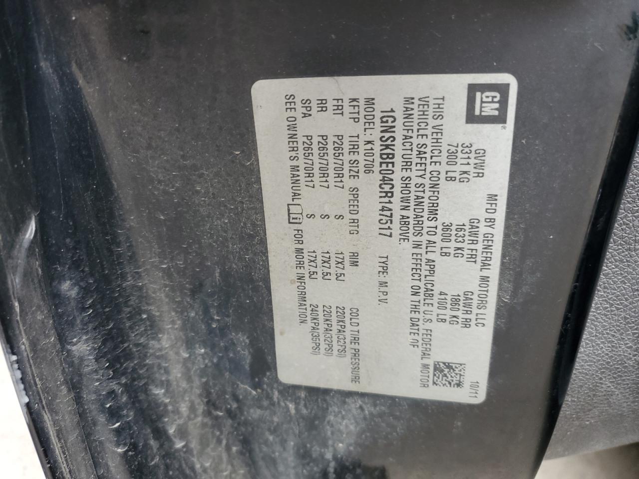 2012 Chevrolet Tahoe K1500 Lt VIN: 1GNSKBE04CR147517 Lot: 63066184