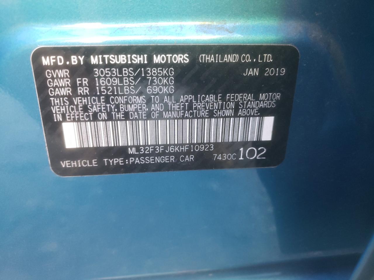 ML32F3FJ6KHF10923 2019 Mitsubishi Mirage G4 Es