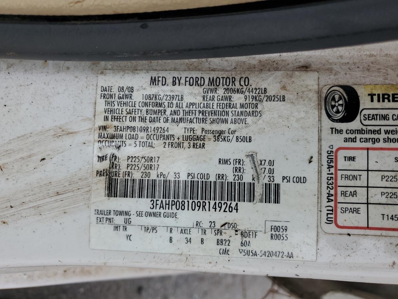 2009 Ford Fusion Sel VIN: 3FAHP08109R149264 Lot: 65183664