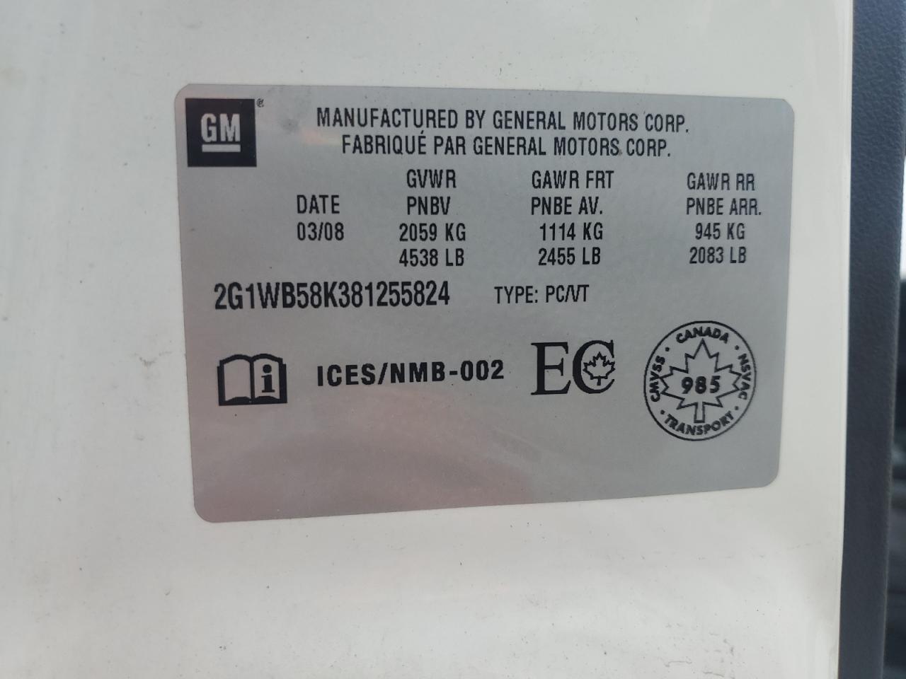 2008 Chevrolet Impala Ls VIN: 2G1WB58K381255824 Lot: 63303115