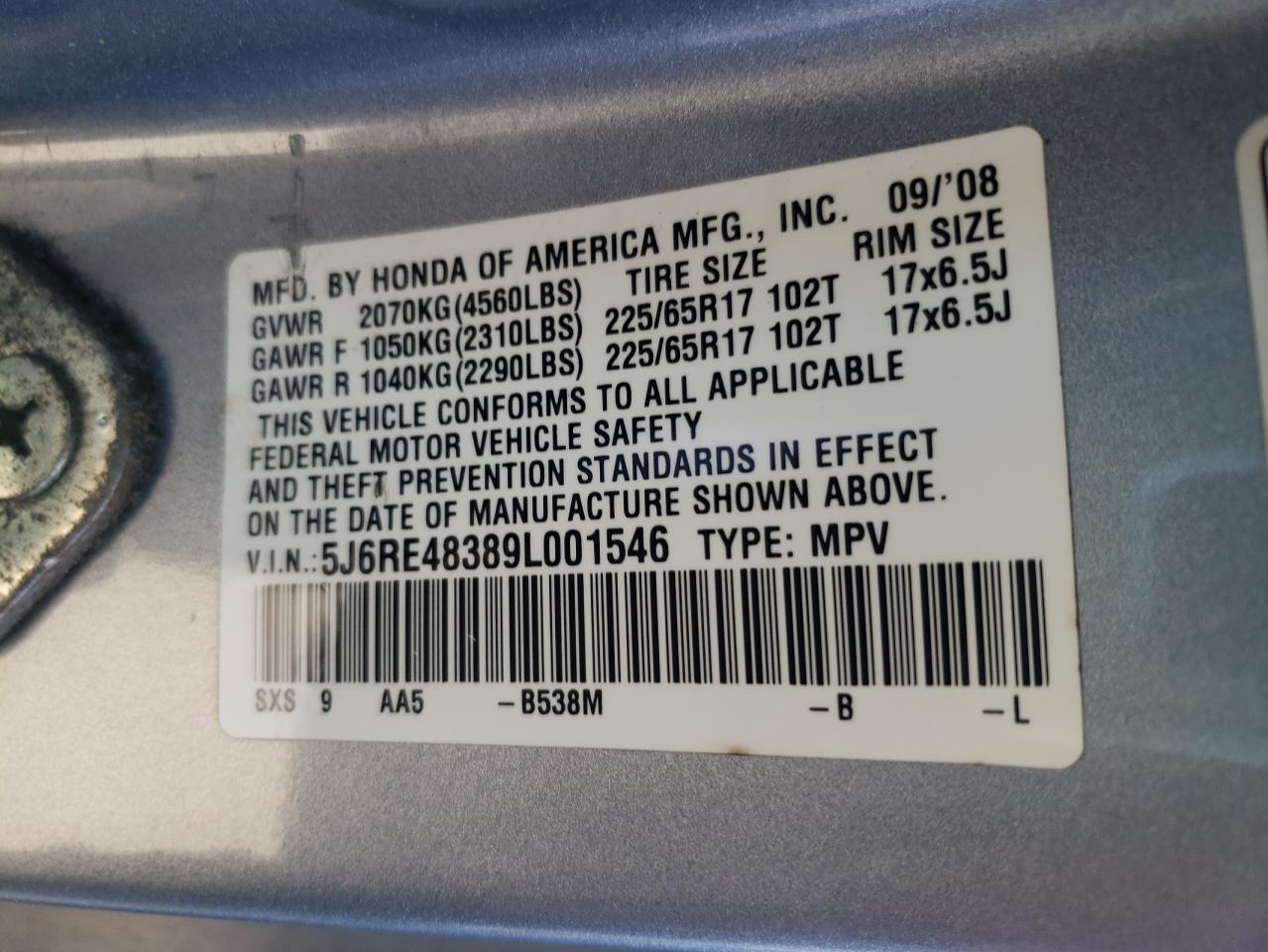2009 Honda Cr-V Lx VIN: 5J6RE48389L001546 Lot: 63873854
