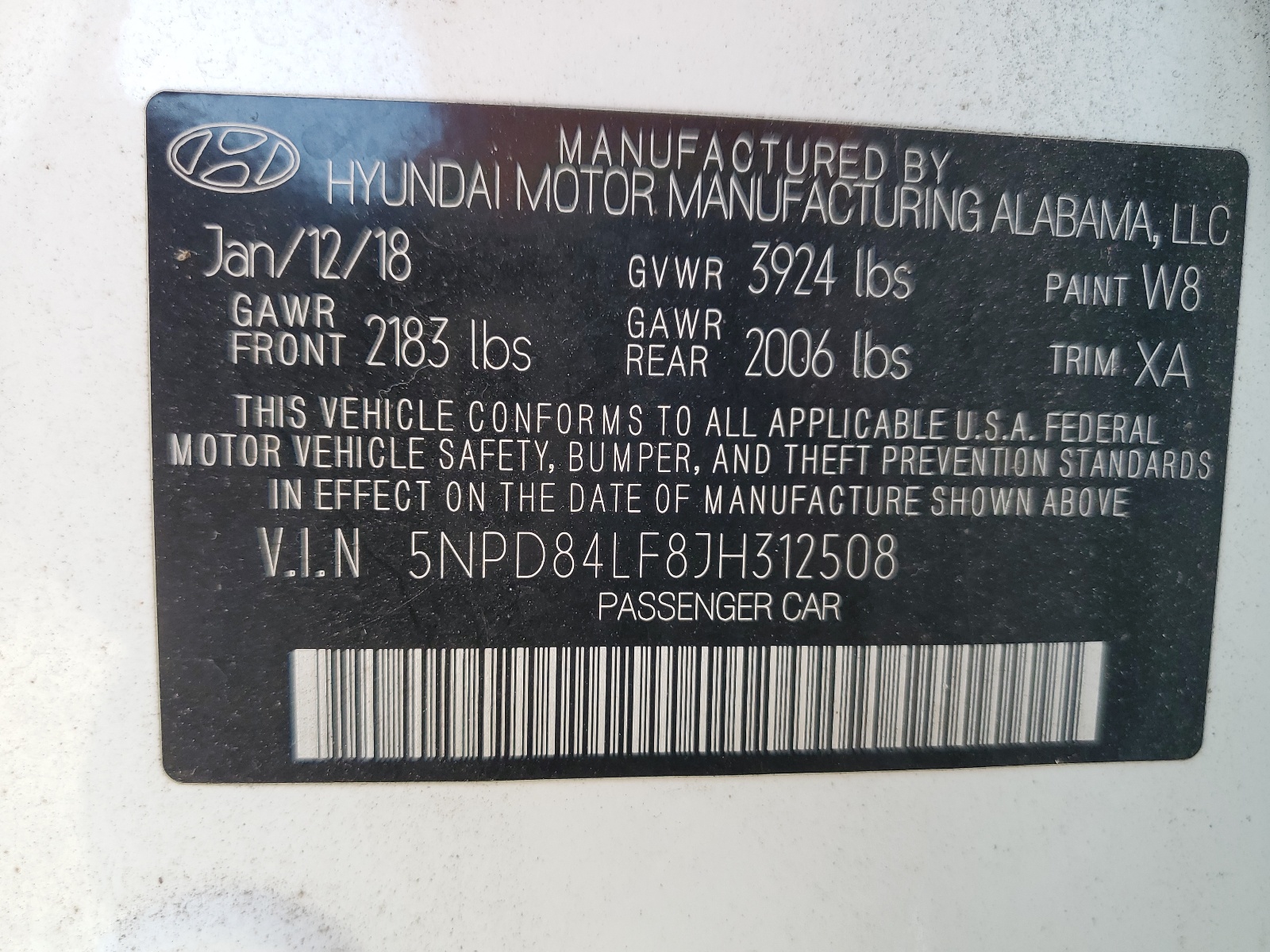 5NPD84LF8JH312508 2018 Hyundai Elantra Sel