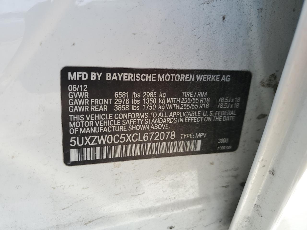 2012 BMW X5 xDrive35D VIN: 5UXZW0C5XCL672078 Lot: 61692164