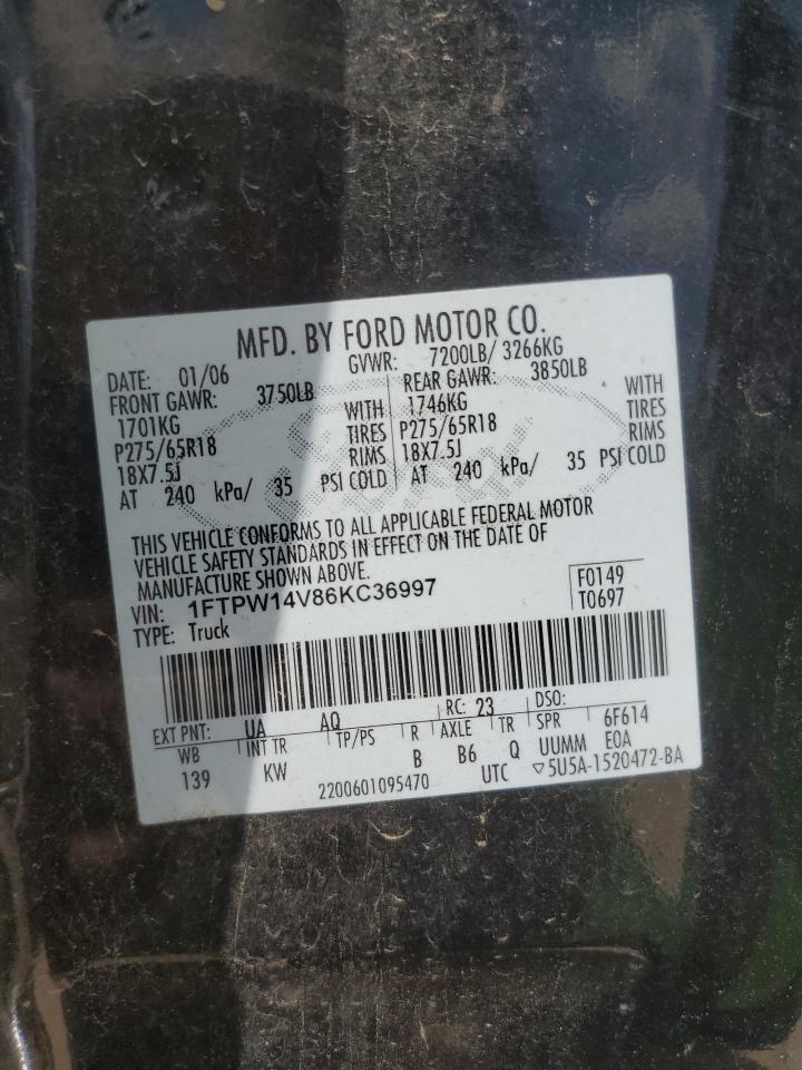 2006 Ford F150 Supercrew VIN: 1FTPW14V86KC36997 Lot: 65651184