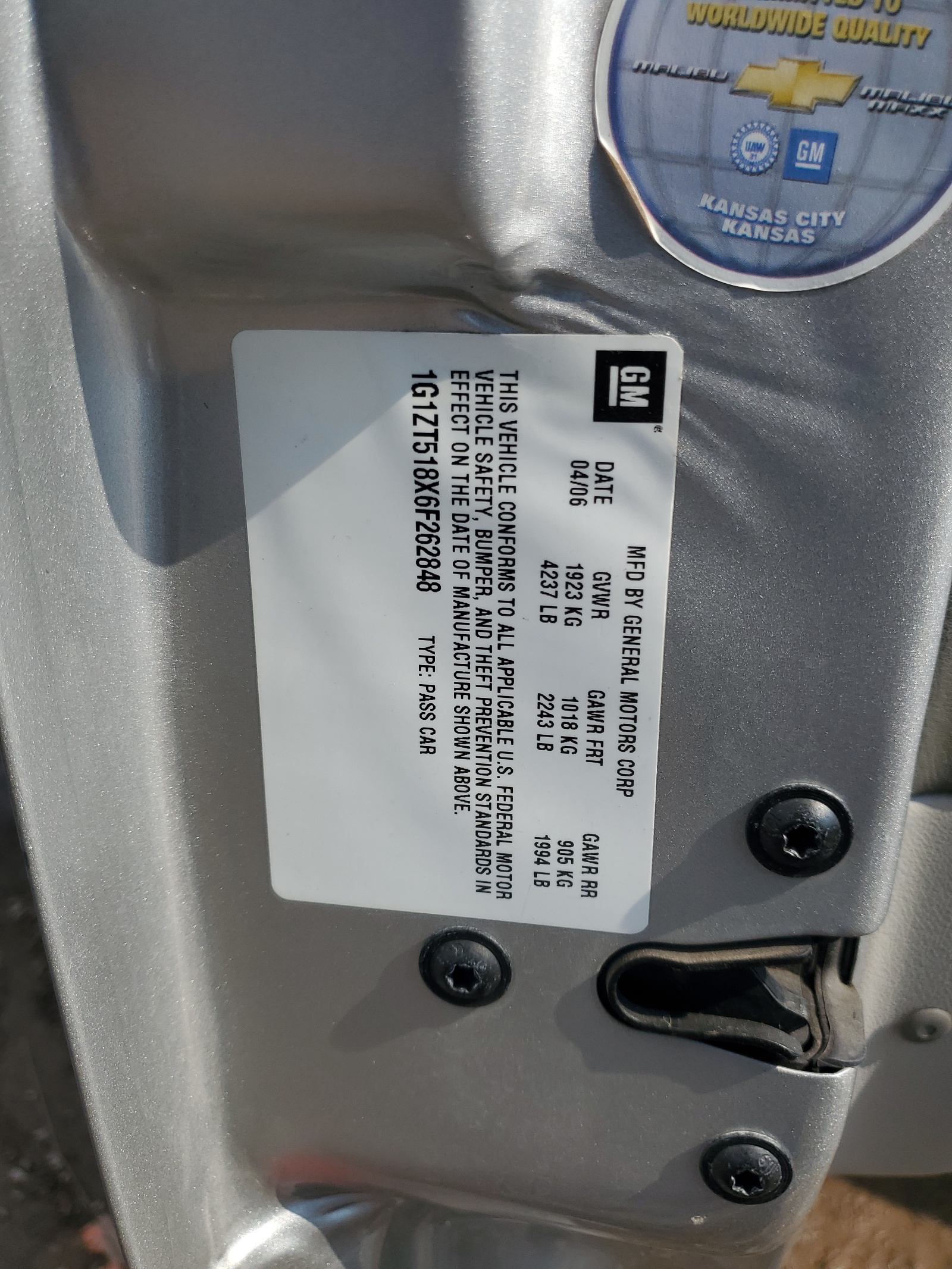 1G1ZT518X6F262848 2006 Chevrolet Malibu Lt