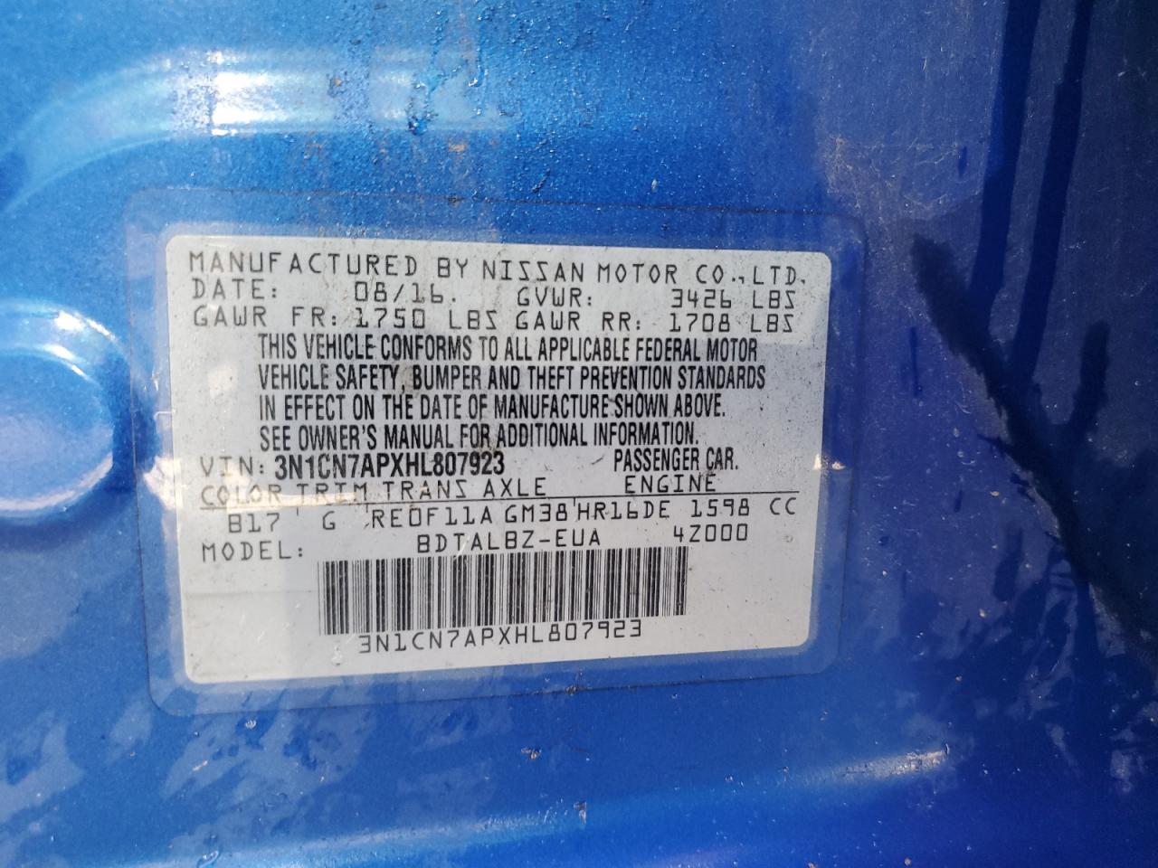 2017 Nissan Versa S VIN: 3N1CN7APXHL807923 Lot: 62119654