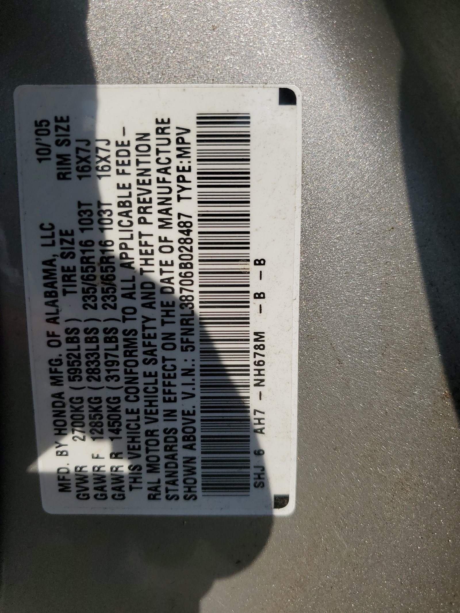 5FNRL38706B028487 2006 Honda Odyssey Exl