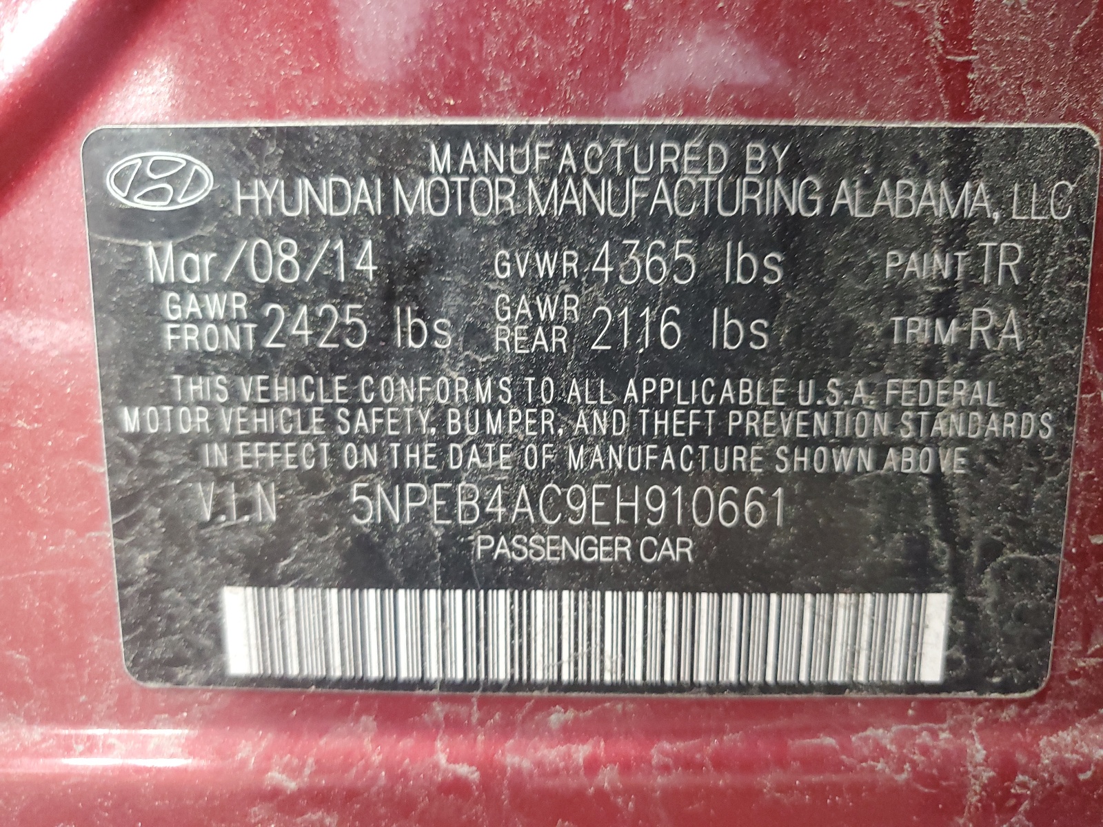 5NPEB4AC9EH910661 2014 Hyundai Sonata Gls