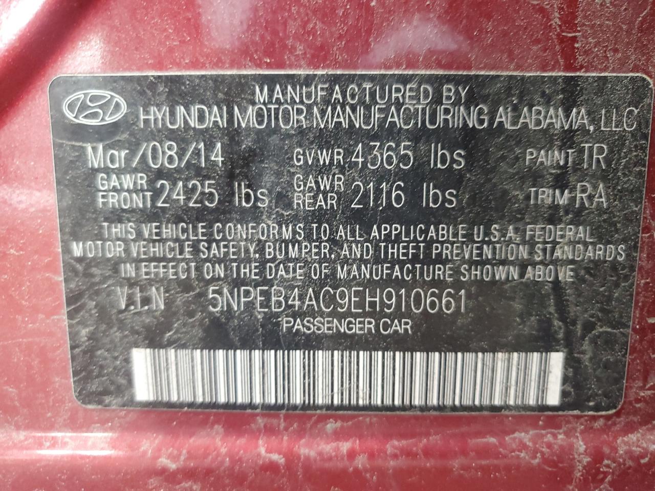 2014 Hyundai Sonata Gls VIN: 5NPEB4AC9EH910661 Lot: 62905774