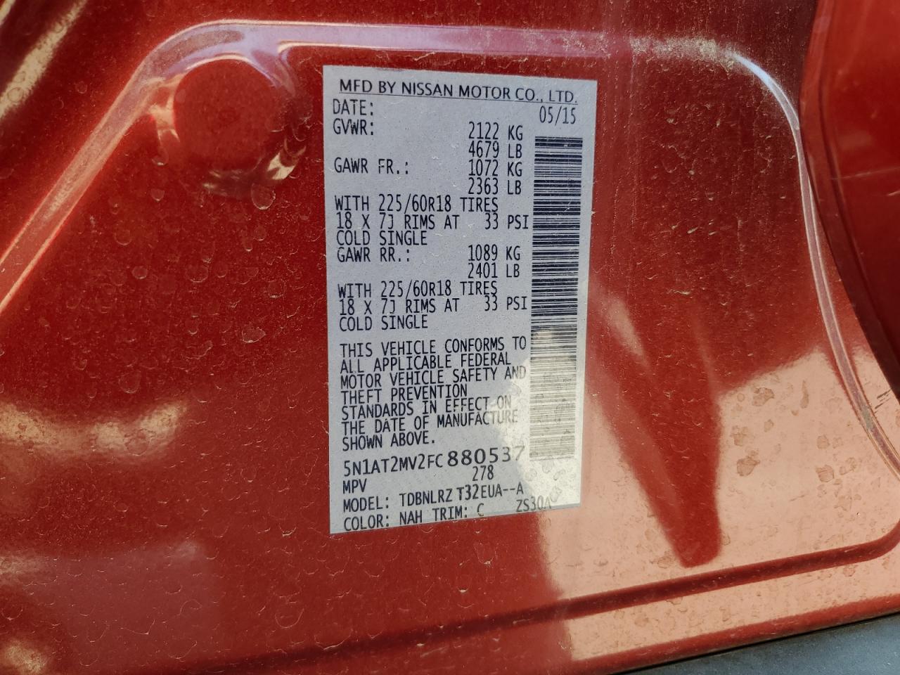 2015 Nissan Rogue S VIN: 5N1AT2MV2FC880537 Lot: 64403234