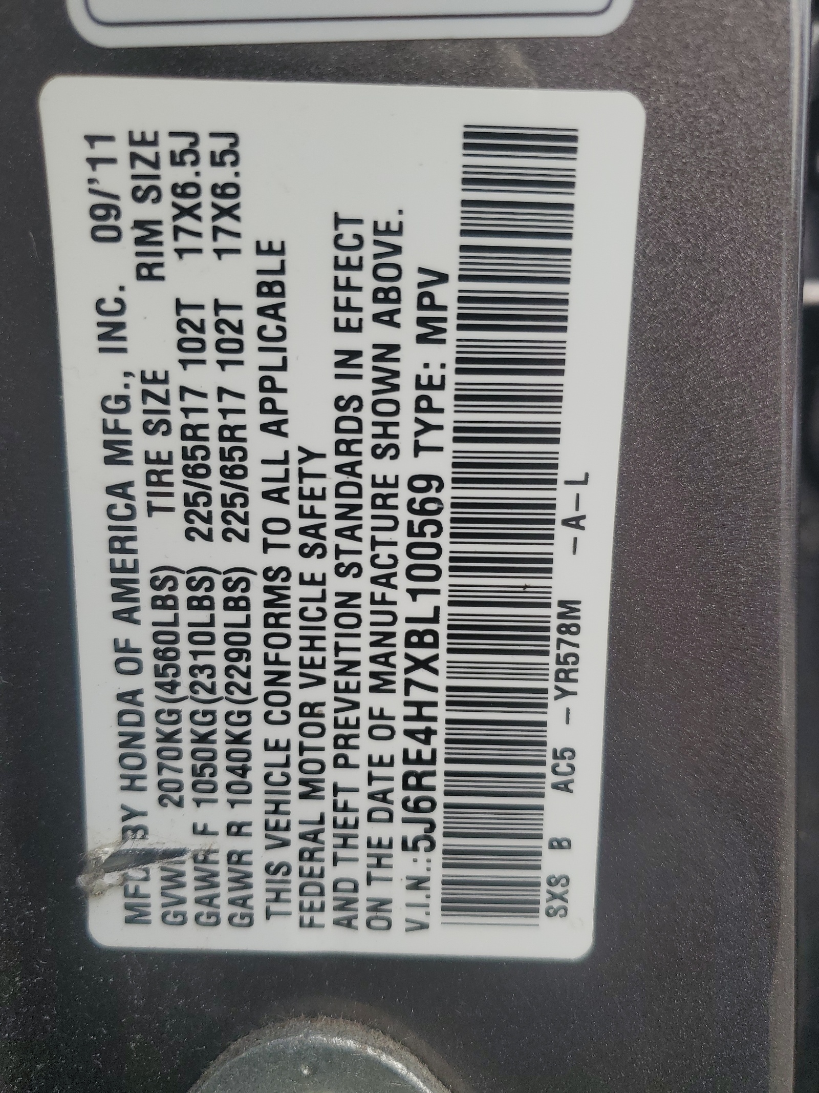 5J6RE4H7XBL100569 2011 Honda Cr-V Exl