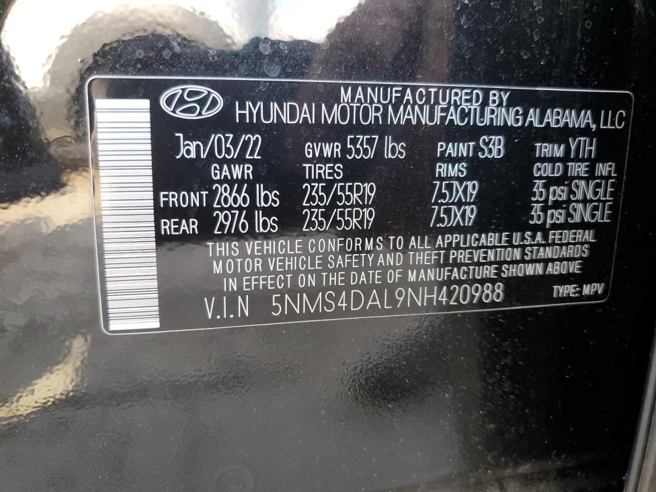 2022 Hyundai Santa Fe Limited VIN: 5NMS4DAL9NH420988 Lot: 62882904