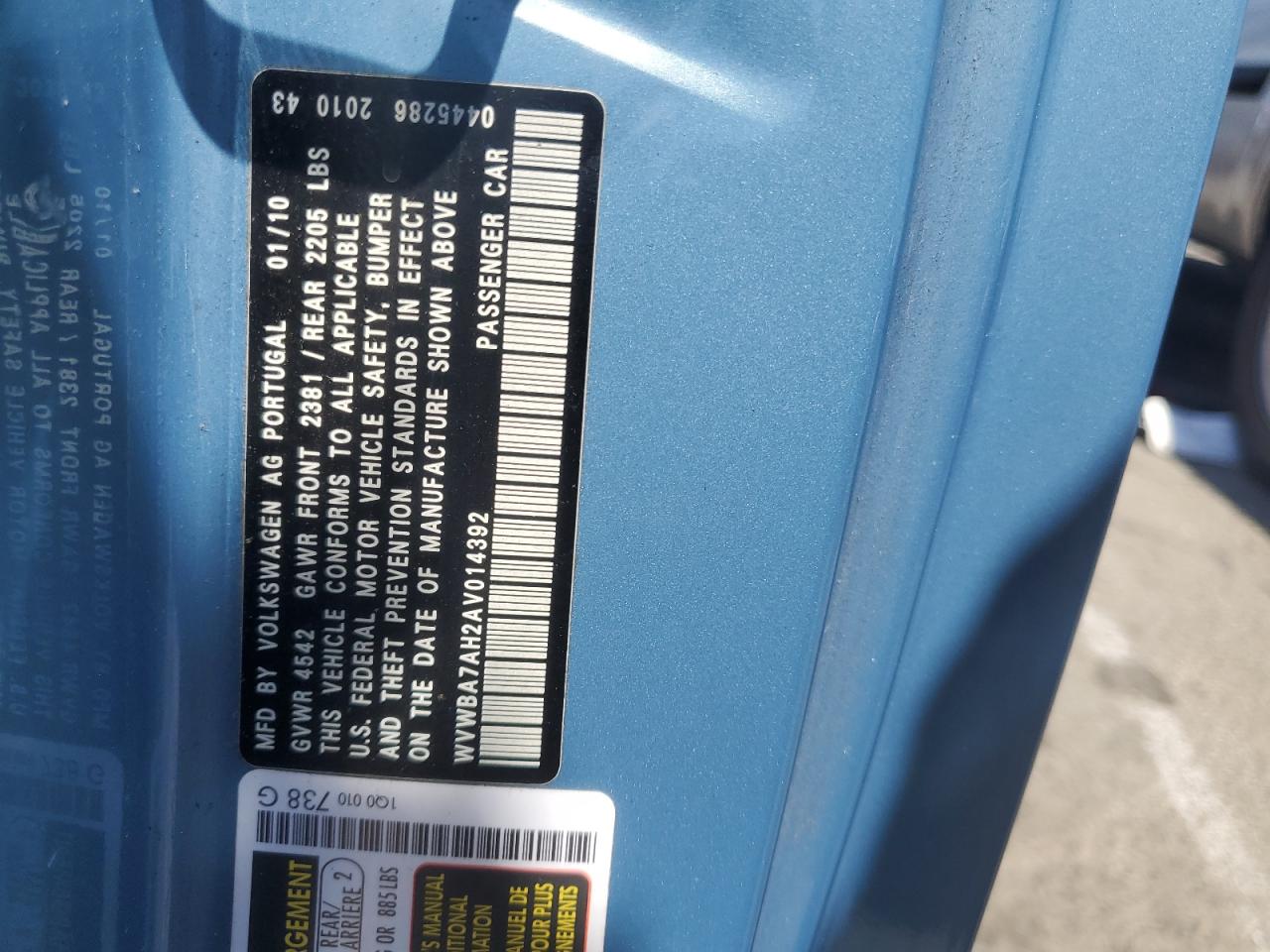 2010 Volkswagen Eos Turbo VIN: WVWBA7AH2AV014392 Lot: 64526364