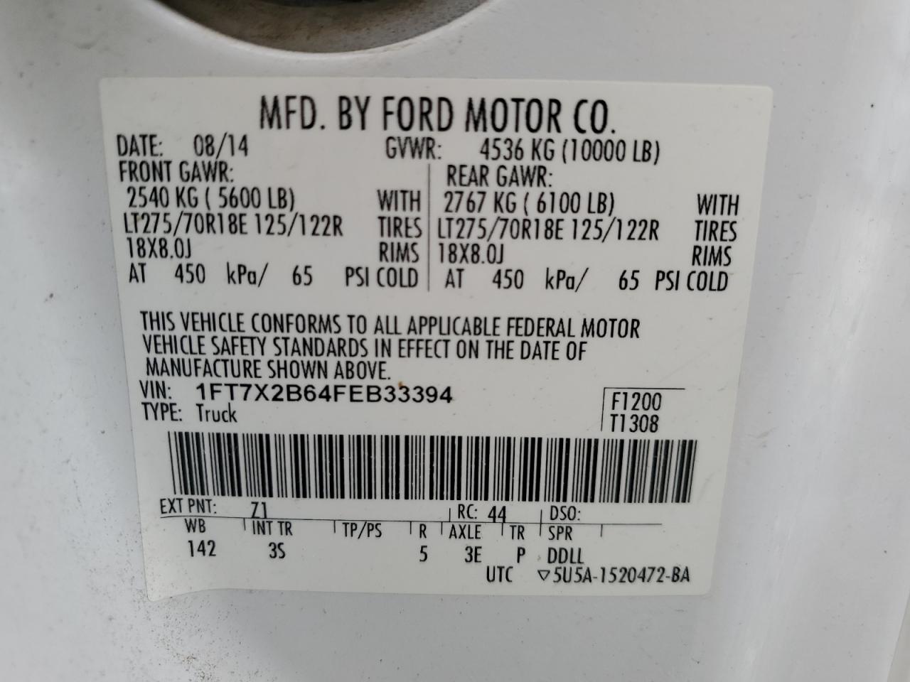 2015 Ford F250 Super Duty VIN: 1FT7X2B64FEB33394 Lot: 63426954