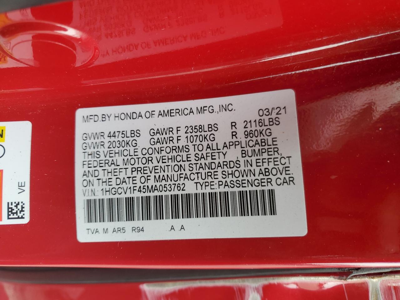 2021 Honda Accord Sport Se VIN: 1HGCV1F45MA053762 Lot: 61653054