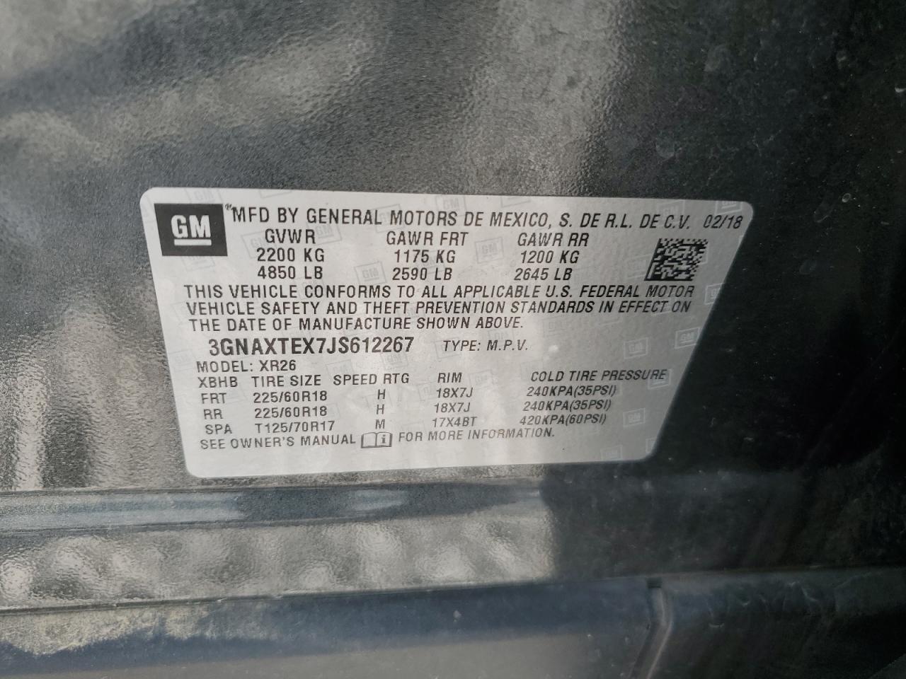 2018 Chevrolet Equinox Lt VIN: 3GNAXTEX7JS612267 Lot: 63558044