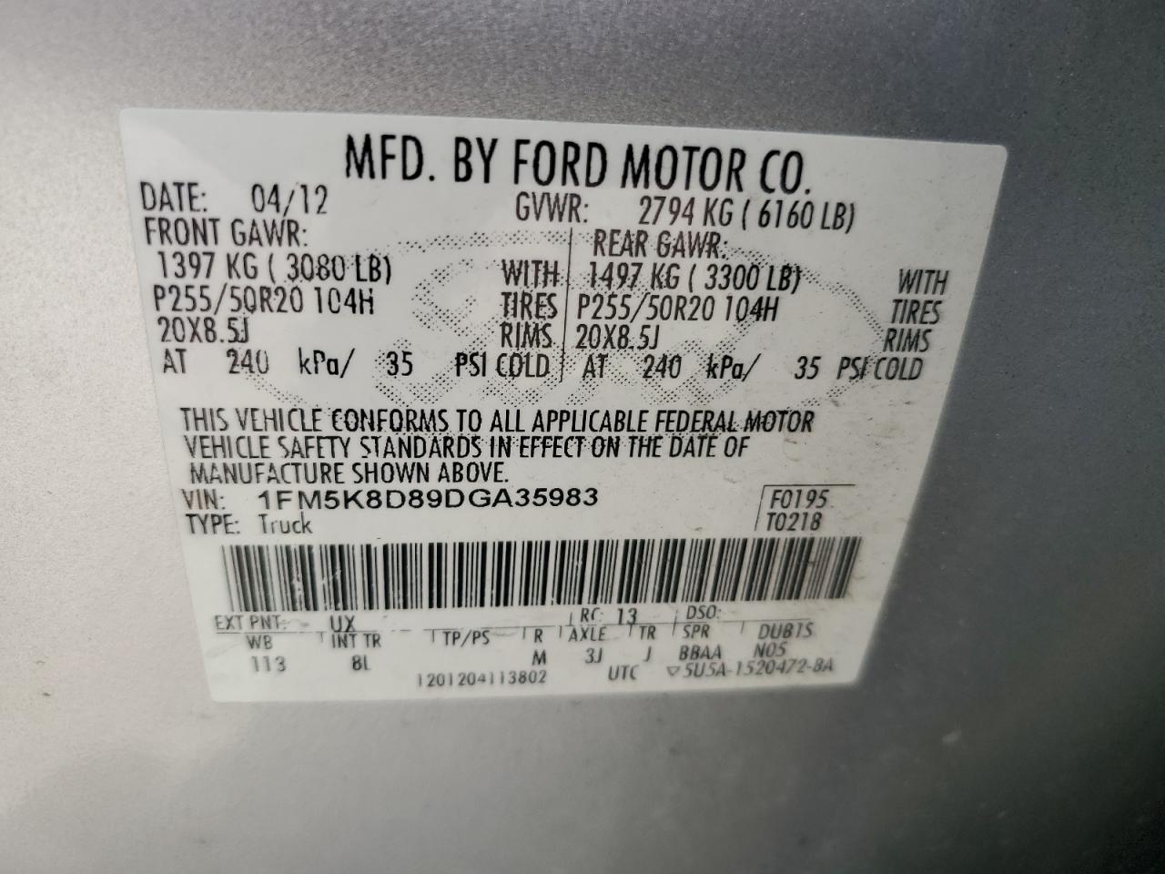 2013 Ford Explorer Xlt VIN: 1FM5K8D89DGA35983 Lot: 54120695