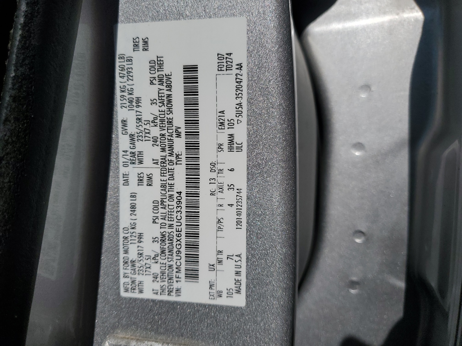 1FMCU9GX6EUC33904 2014 Ford Escape Se