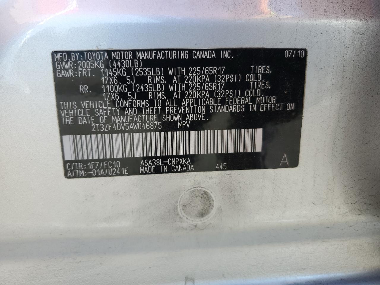 2010 Toyota Rav4 VIN: 2T3ZF4DV5AW046875 Lot: 64042204