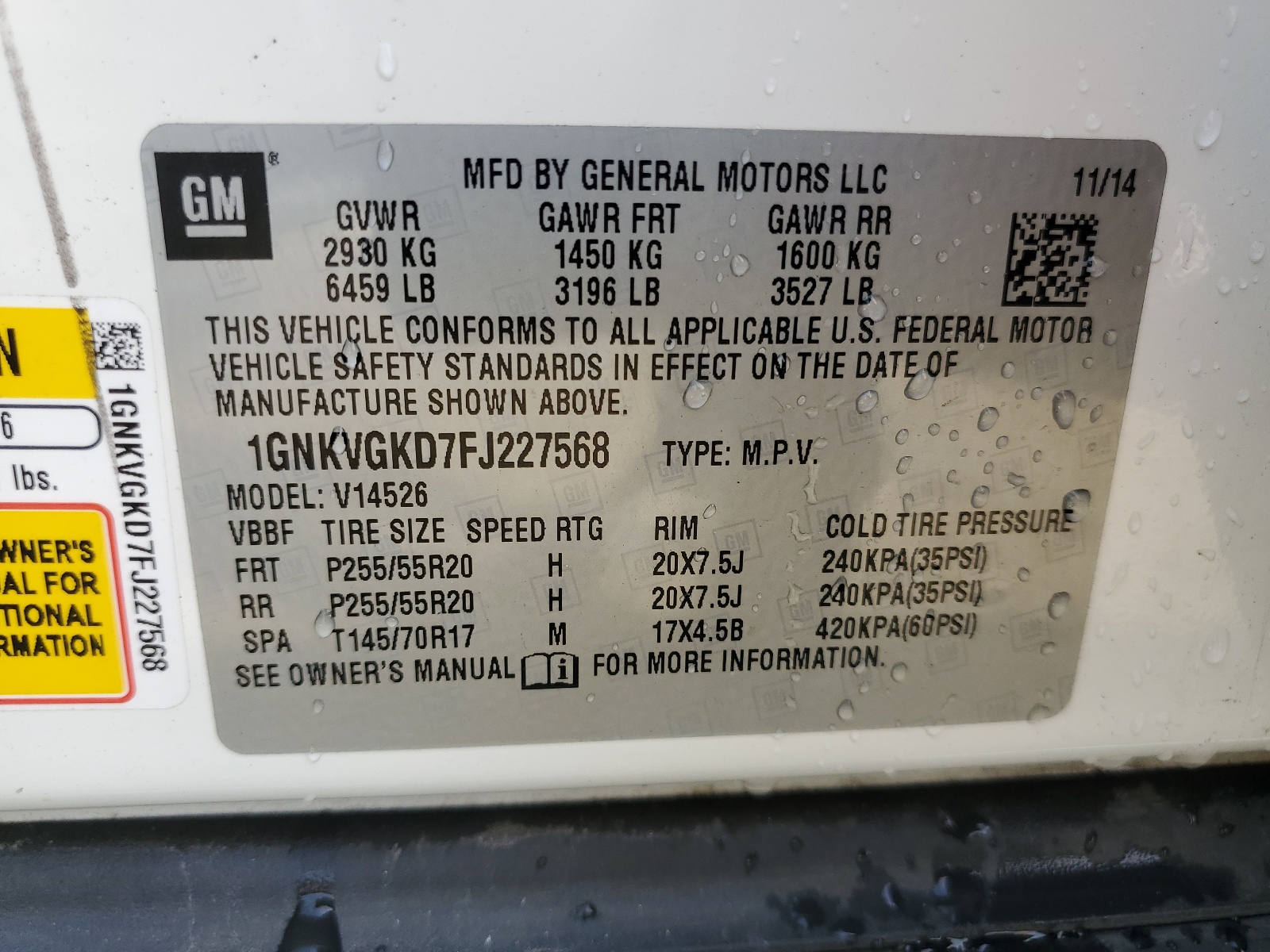 1GNKVGKD7FJ227568 2015 Chevrolet Traverse Lt