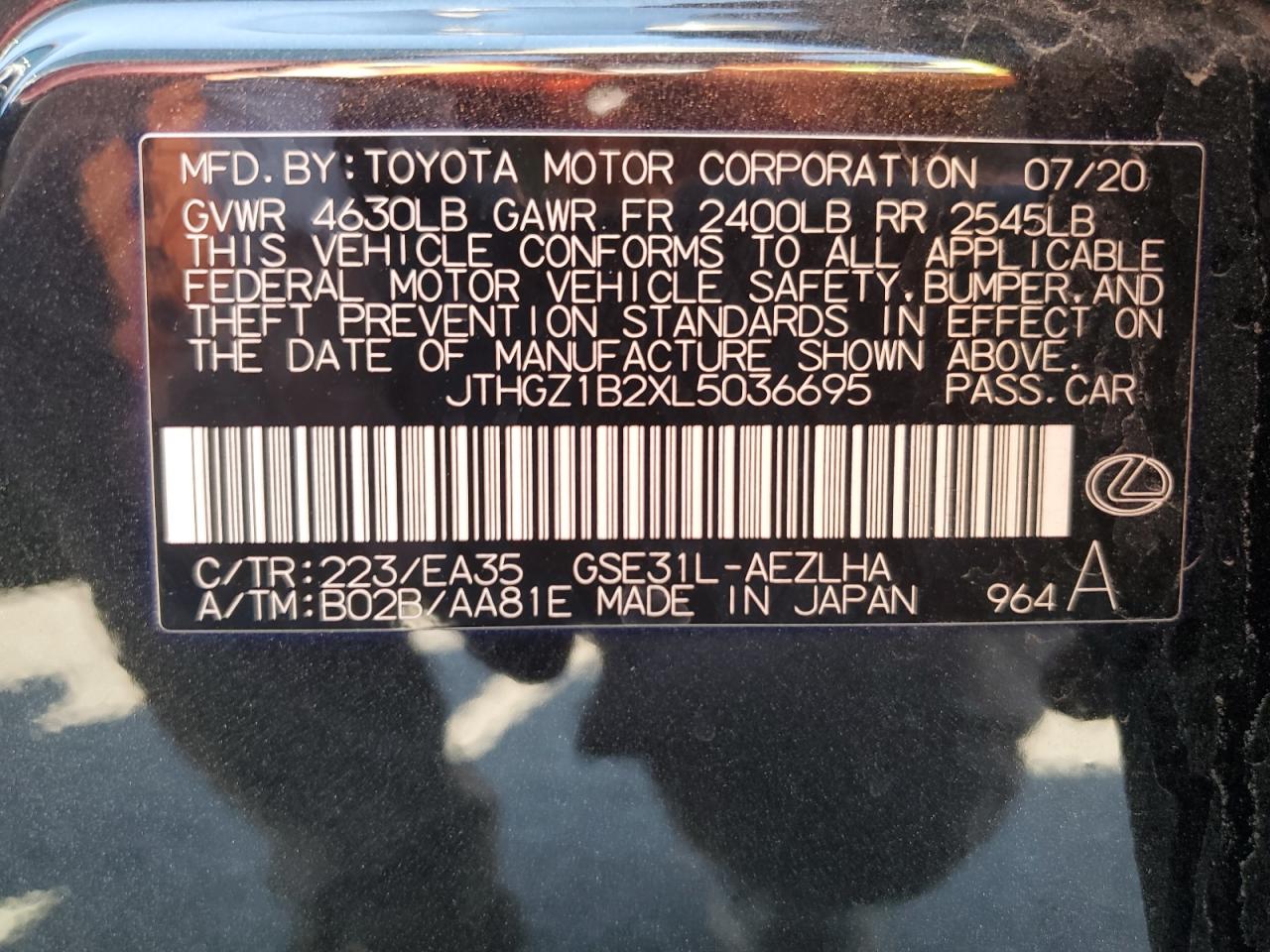 2020 Lexus Is 350 F-Sport VIN: JTHGZ1B2XL5036695 Lot: 63555244