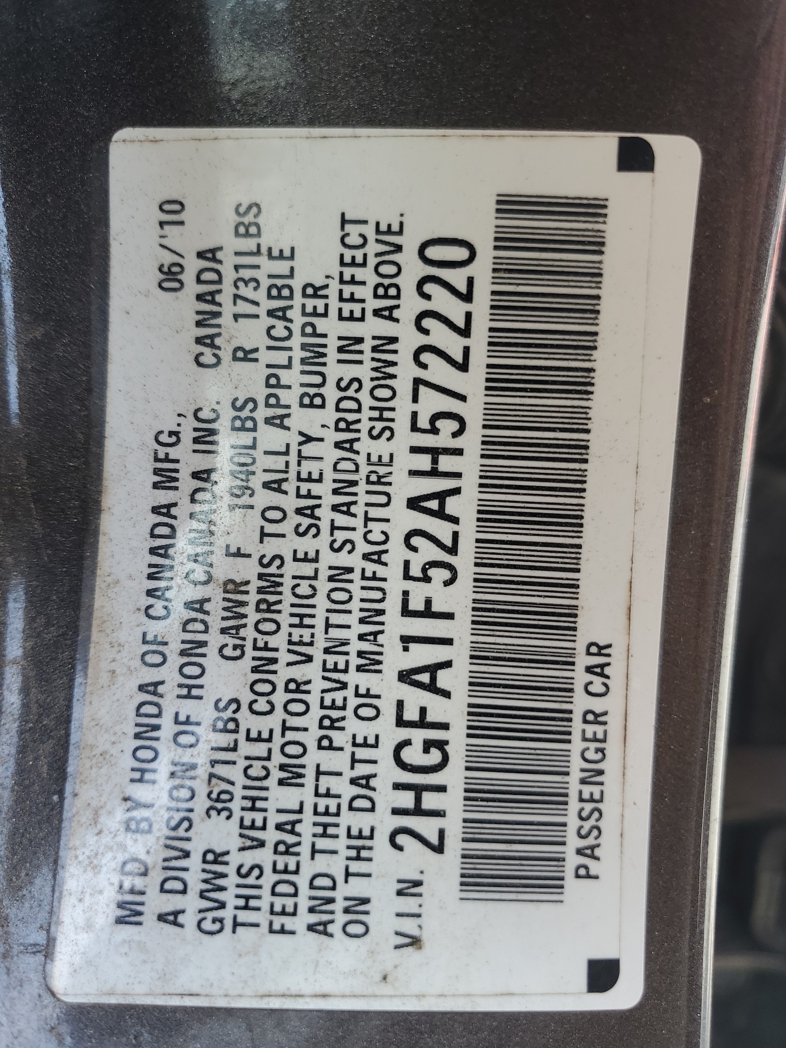 2HGFA1F52AH572220 2010 Honda Civic Lx